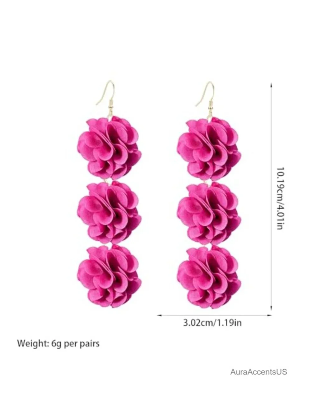Fabric Flower Dangle Earrings Gold Fish Hook Lightweight Boho Statement